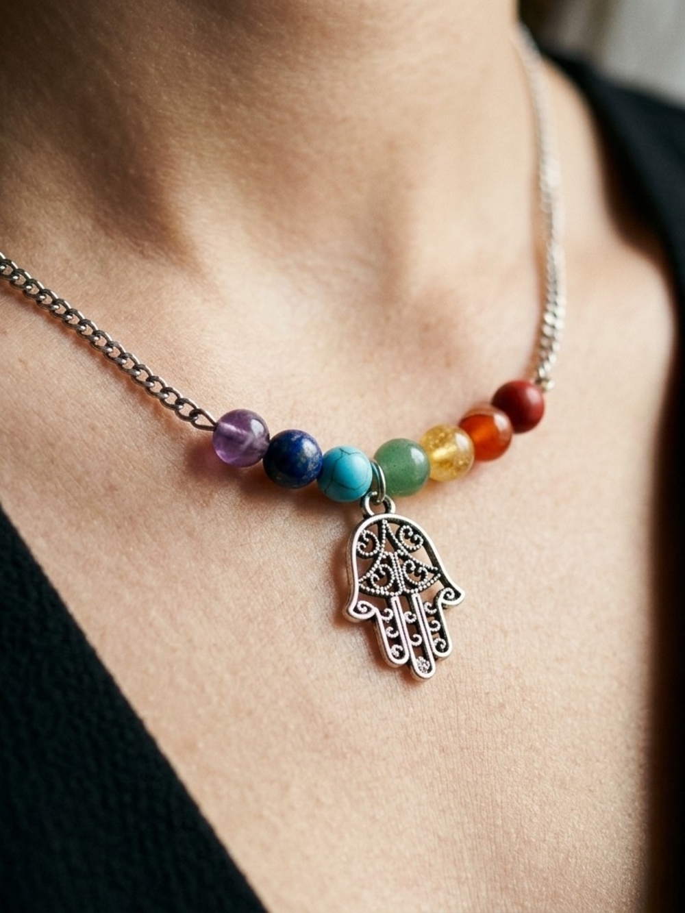 Artisan 7" Chakra Hamsa Hand Necklace Silver Tone Gemstone Bead Choker